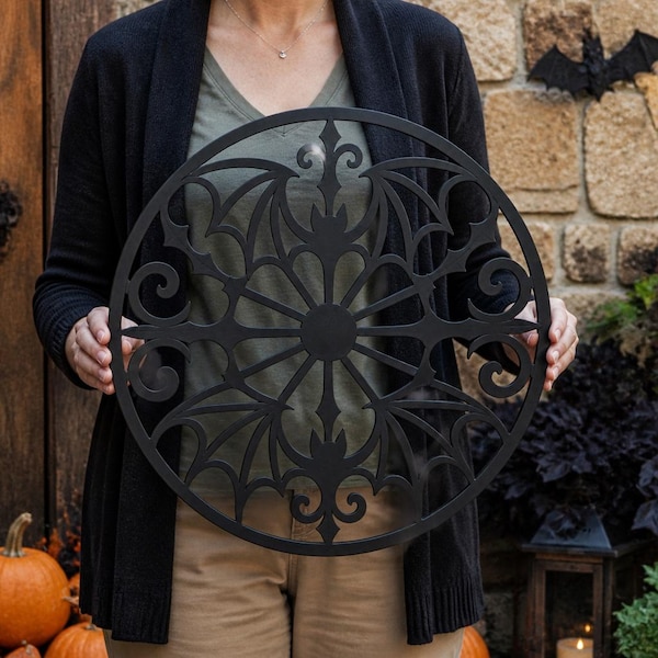 Bat Garden Stake, Gothic Halloween Yard Art, Round Metal Garden Decor, Spooky Outdoor Yard Sign, Metal Garden Decor