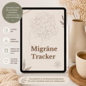 Könnte beinhalten: Ein digitales Tablet mit einem Migräne-Tracker, der eine Strichzeichnung eines Kopfes mit verwirrtem Haar zeigt. Der Bildschirm enthält den Text Migräne Tracker und Horizon Calm. Symbole weisen auf das PDF-Format und digitale Kompatibilität hin.