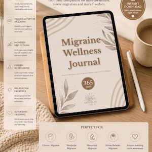 Könnte beinhalten: Ein digitales Migräne-Wellness-Journal auf einem Tablet-Bildschirm in Beige- und Brauntönen mit botanischen Illustrationen. Die Benutzeroberfläche enthält Textabschnitte für tägliche Protokolle, Symptomverfolgung, monatliche Reflexionen und geführte Meditationen.