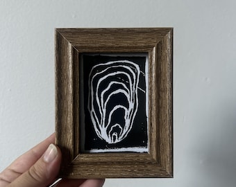 Mini art, Linocut Print , 2.5” x 3.5” Art Prints | Hand Carved Oyster Shell Design
