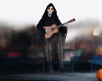 Grim Reaper Animatronic Guitar Player | LED Glowing Eyes Halloween Prop