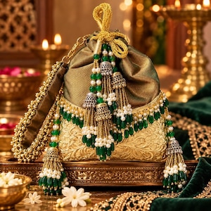 May include: A drawstring pouch bag featuring a dark olive green fabric top and a metallic gold base with intricate floral engravings. The bag is adorned with hanging tassels made of green beads, white pearls, and silver-toned metal caps.