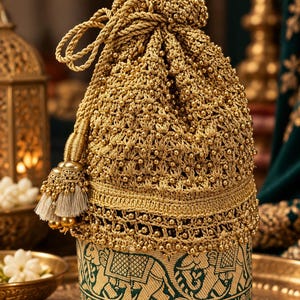 May include: A gold drawstring pouch featuring a crocheted upper section adorned with small beads and tassels. The base is a cylindrical structure decorated with a green and gold fabric pattern depicting elephants and geometric borders.