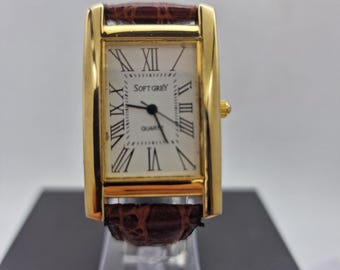 Stylish Tank style SOFT GREY mens quartz watch with Roman numeral indices,brown leather strap