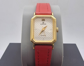 Beautiful Ladies Vintage LORUS ( by Seiko) Tank style Quartz Watch ,red leather strap.