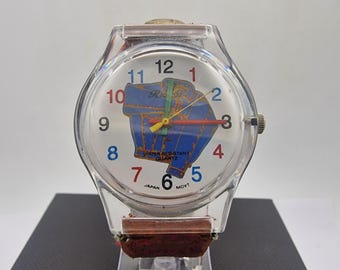 Vintage 1990's RICARDO  'wild wet'' quartz watch. Fun watch with Denim/leather strap