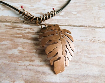 Monstera Deliciosa Leaf Copper Pendant Necklace
