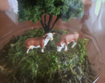 Peaceful Pasture Scene Diorama in a Jar, Cows Grazing, Farm Scene