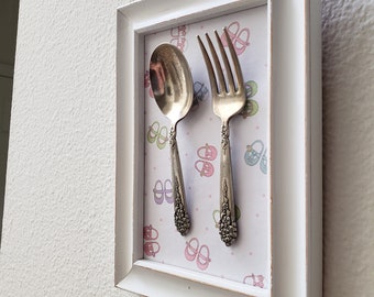 Framed 1950s Baby's Fork and Spoon