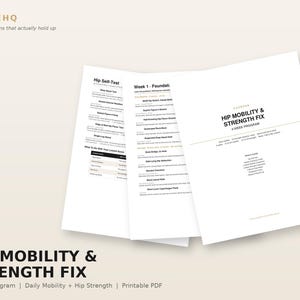 May include: A white printable PDF document titled Hip Mobility & Strength Fix 4-Week Program by CADREHQ. The document includes sections for a hip self-test, weekly foundation exercises, and a list of programme contents with black text on white paper.