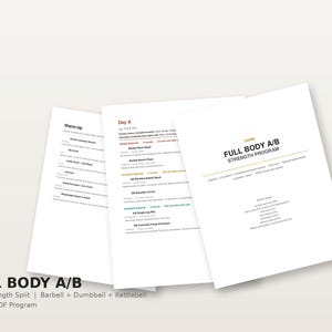 Peut inclure: Un document PDF imprimable intitulé CADRE FULL BODY A/B STRENGTH PROGRAM. Les pages présentent un programme d'entraînement fractionné de 4 jours incluant une section d'échauffement, les exercices du jour A et des instructions pour haltères et kettlebells.