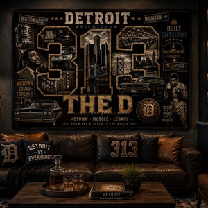 May include: A large rectangular wall art piece featuring a collage of Detroit-themed imagery, including the number 313, the text The D, Motown, and various city landmarks. The design incorporates vintage cars, a microphone, and a boxer in a dark color palette.