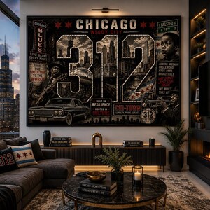 May include: A large rectangular wall art piece featuring the text CHICAGO, WINDY CITY, and the number 312. The design includes black and white imagery of the Chicago skyline, a vintage car, a musician, and street signs, with red accents throughout.