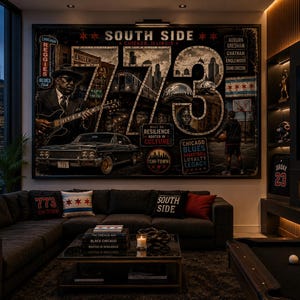 Peut inclure: Une grande œuvre d'art murale rectangulaire affichant le texte SOUTH SIDE et 773, avec des illustrations d'un musicien de blues, d'une voiture ancienne, d'un train urbain, d'un basketteur et de monuments de Chicago dans un style graphique sombre.