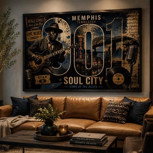 May include: A large rectangular wall art print featuring a musician playing a guitar, a vintage microphone, a vinyl record, and the text Memphis Tennessee 901 Soul City Home of the Blues, with a distressed blue and gold color palette.