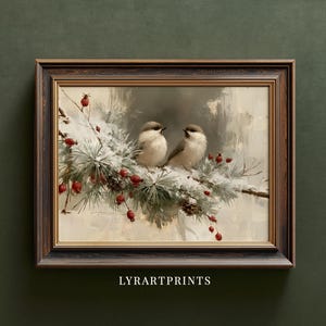 Vintage Winter Birds Pine Branch Print, Snowy Chickadee Red Berry Wall Art (Digital Download)