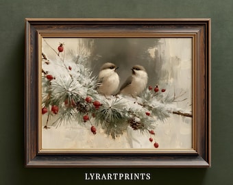 Vintage Winter Birds Pine Branch Print, Snowy Chickadee Red Berry Wall Art (Digital Download)