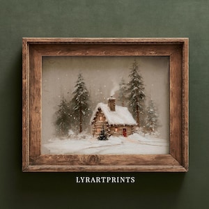 Vintage Snowy Cabin Christmas Print, Log Cabin Forest Wall Art (Digital Download)