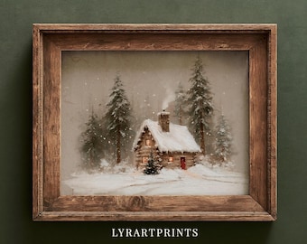 Vintage Snowy Cabin Christmas Print, Log Cabin Forest Wall Art (Digital Download)