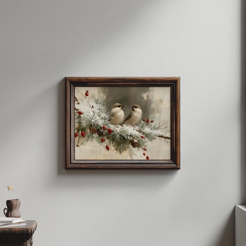 May include: A framed wall art print featuring two small birds perched on a snow-covered pine branch with bright red berries. The artwork is enclosed in a dark brown wooden frame with a textured finish, set against a neutral light gray wall.