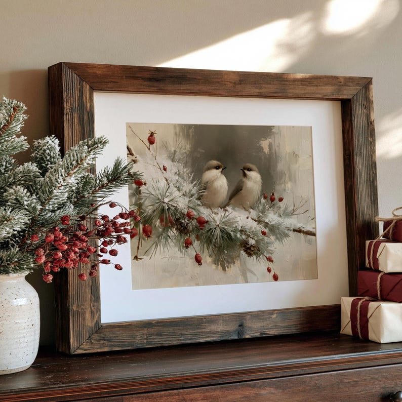 May include: A framed print featuring two small birds perched on a snow-covered pine branch with red berries. The artwork is enclosed in a dark, rustic wooden frame with a white mat, capturing a winter scene with soft, muted tones and textures.