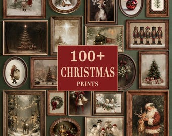 May include: A gallery wall collection of framed Christmas-themed art prints featuring Santa Claus, reindeer, nutcrackers, snowy landscapes, and holiday decorations. A central red sign displays the text 100+ CHRISTMAS PRINTS LYRARTPEINTS.