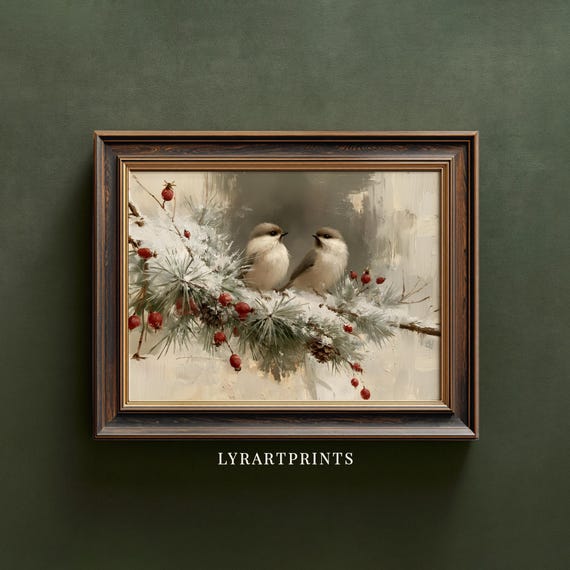 Vintage Winter Birds Pine Branch Print, Snowy Chickadee Red Berry Wall Art (Digital Download)