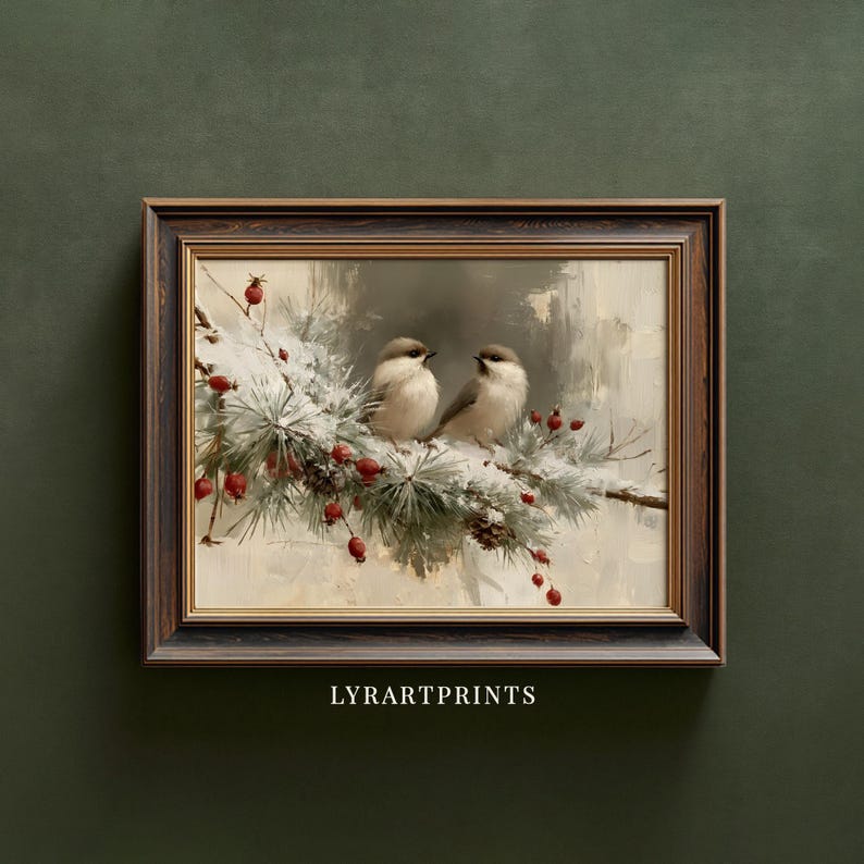 May include: A framed horizontal wall art print featuring two small birds perched on a snow-covered pine branch with red berries. The dark wood frame surrounds the painting, which includes the text LYRARTPRINTS at the bottom center.
