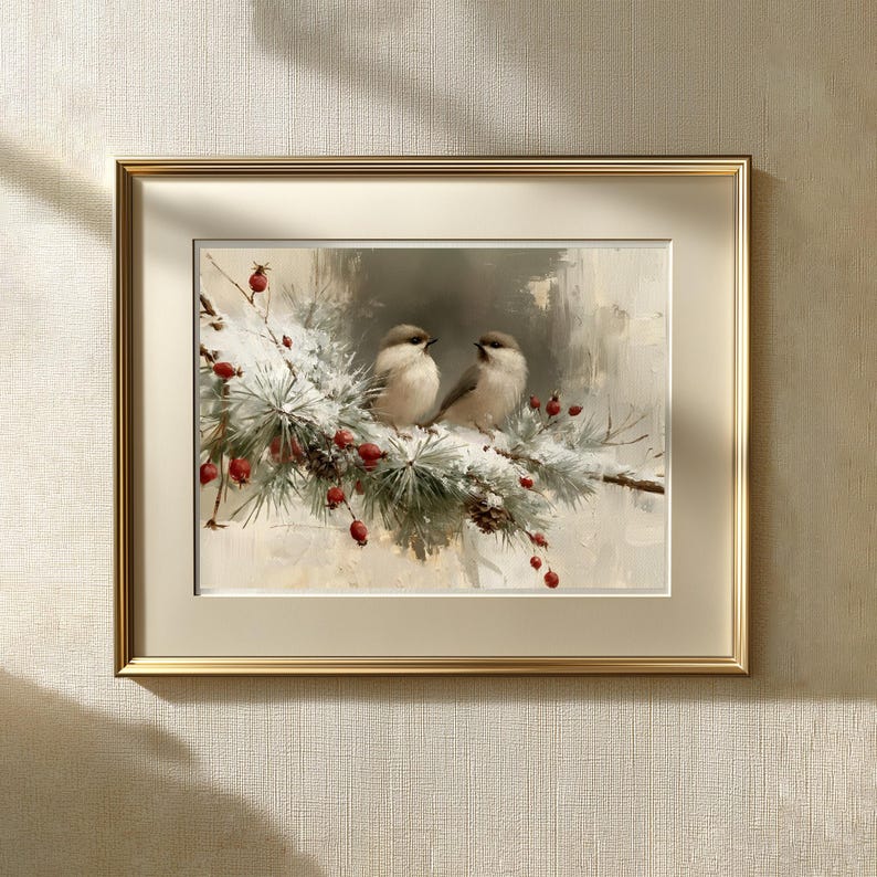 May include: A framed wall art print featuring two small brown birds perched on a snow-covered pine branch with bright red berries. The artwork is encased in a metallic gold frame with a wide cream-colored mat, creating a winter-themed display.
