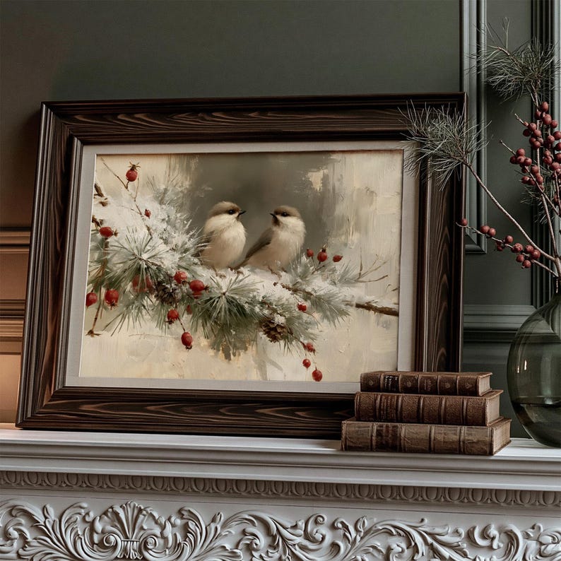 May include: A framed painting depicting two small birds perched on a snow-covered pine branch with red berries. The artwork is enclosed in a dark brown wood-grain frame and rests on a white mantelpiece next to a stack of three vintage books.