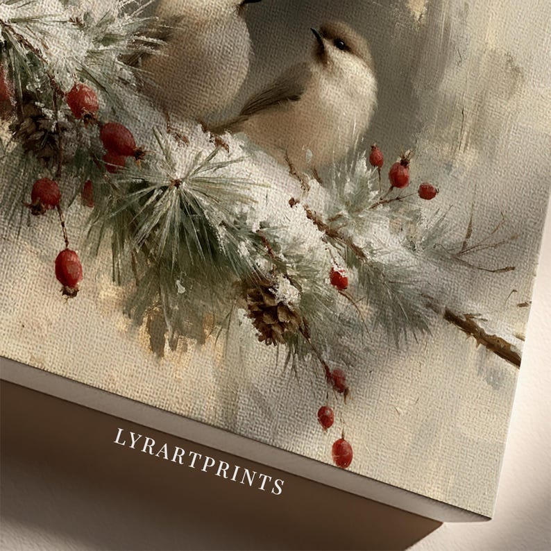 May include: A canvas print featuring two small birds perched on a snow-dusted pine branch with red berries and a pinecone. The artwork displays a winter scene with soft textures and the text LYRARTPRINTS printed in white at the bottom left corner.