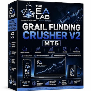 Może przedstawiać: Czarno-niebieskie pudełko produktu z oprogramowaniem The EA Lab Grail Funding Crusher V2 MT5. Na pudełku widoczny jest laptop, smartfon i kubek, wszystkie z logo marki. Tekst zawiera hasła Smart Algorithms, Better Trades oraz różne ikony.