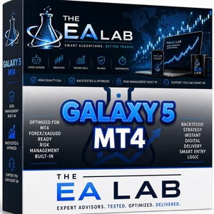 Pode incluir: Uma caixa de produto retangular para o software The EA Lab Galaxy 5 MT4. A embalagem azul-escura e preta apresenta um logótipo de frasco de laboratório, gráficos de negociação, um portátil, um smartphone e uma caneca. O texto inclui "Smart Algorithms, Better Trades."