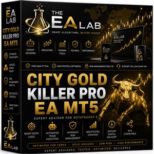以下が含まれることがあります： City Gold Killer Pro EA MT5ソフトウェア用の黒い長方形の箱。前面には金色の文字、金色の雄牛の像、取引ツール、エキスパートアドバイザー、リスク管理を表すアイコンが描かれています。EA Labのロゴが表示されています。