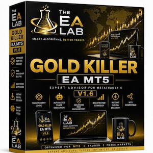 Peut inclure: Une boîte rectangulaire noire pour le logiciel The EA Lab Gold Killer EA MT5. La face avant présente du texte et des graphiques dorés, incluant un ordinateur portable et un smartphone affichant des graphiques boursiers, une tasse et des icônes.