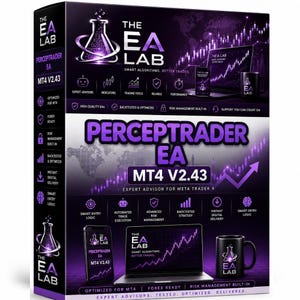 May include: A rectangular product box for Perceptrader EA MT4 V2.43 software, featuring a purple and black color scheme with a beaker logo, a laptop displaying trading charts, a smartphone, and a mug, all branded with The EA Lab logo and text.