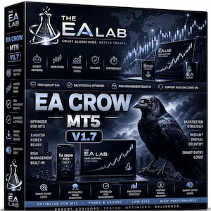 May include: A black rectangular product box for EA CROW MT5 V1.7 software. The design features a crow, a laptop displaying stock charts, a smartphone, and a mug. Text includes THE EA LAB, SMART ALGORITHMS, BETTER TRADES, and various technical features.