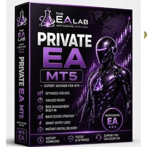 Könnte beinhalten: Eine rechteckige Produktverpackung für die Software The EA Lab Private EA MT5. Die Box ist schwarz und lila gestaltet mit einer Roboterfigur, einer Weltkarte und Handelscharts. Der Text umfasst "PRIVATE EA MT5" und "EXPERT ADVISOR FOR MT5".