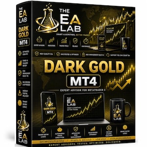 Peut inclure: Une boîte de produit rectangulaire noire pour le logiciel The EA Lab Dark Gold MT4. La boîte présente du texte et des graphiques dorés, incluant un logo de fiole de laboratoire, un ordinateur portable, un smartphone et une tasse, tous affichant des graphiques boursiers.