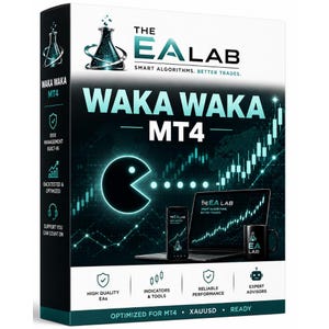 Op de afbeelding: Een rechthoekige productdoos voor Waka Waka MT4 software met een zwart en blauwgroen kleurenschema. Het ontwerp bevat een gestileerd rond figuur, een stijgende beursgrafiek, een laptop, een smartphone en een mok met het EA Lab logo.