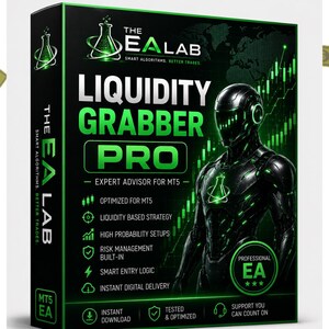 May include: A black rectangular software box for Liquidity Grabber Pro, an expert advisor for MT5. The design features a green robotic figure, a laboratory flask logo, and text detailing features like liquidity-based strategy and risk management.