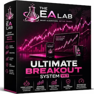 Op de afbeelding: Een zwarte productdoos voor The EA Lab Ultimate Breakout System V4.3, met roze neongraphics van een laptop, smartphone en mok. Het ontwerp bevat een oplichtend bekerglaslogo, beursgrafieken en tekst over de handelsfuncties van het systeem.