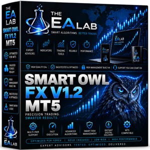 May include: A black rectangular product box for The EA Lab Smart Owl FX V1.2 MT5 trading software. The design features a glowing blue owl, financial charts, and text detailing features like expert advisors, risk management, and MT5 compatibility.