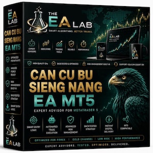 Pode incluir: Uma caixa de produto retangular preta para o software The EA Lab com o texto CAN CU BU SIENG NANG EA MT5. O design inclui uma águia dourada, um portátil exibindo gráficos de negociação, um smartphone e uma caneca com o logótipo.