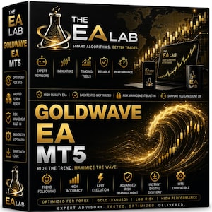 Può includere: Una scatola rettangolare nera per il software The EA Lab Goldwave EA MT5. Il fronte presenta testo dorato, una grafica a onda luminosa e icone di trading. Mostra un computer portatile, uno smartphone e una tazza con il logo del marchio.