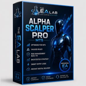 Op de afbeelding: Een rechthoekige softwaredoos voor Alpha Scalper Pro MT5 van The EA Lab. De donkerblauwe verpakking bevat een futuristische robotfiguur, een gloeiend bekerglaslogo en tekst met functies zoals XAUUSD ready, risicobeheer en directe download.