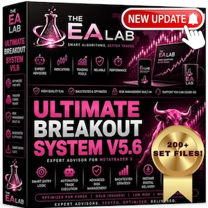 Puede incluir: Una caja negra para The EA Lab Ultimate Breakout System V5.6 con texto y gráficos en rosa. El diseño incluye un logotipo de matraz, una ilustración de un toro, un portátil, un teléfono inteligente, una taza y un sello dorado con 200+ SET FILES!.