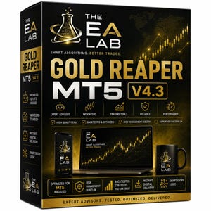 Könnte beinhalten: Eine schwarz-goldene Produktverpackung für die Software The EA Lab Gold Reaper MT5 V4.3. Die Box zeigt ein Becherglas-Logo, einen Laptop mit einem Handelschart und eine schwarze Tasse. Der Text umfasst Smart Algorithms und Better Trades.