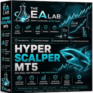 May include: A black rectangular box for The EA Lab Hyper Scalper MT5 software. The design features a glowing blue shark, a laptop, a smartphone, and a mug, all displaying the brand logo. Text includes "Hyper Scalper MT5" and "Smart Algorithms."