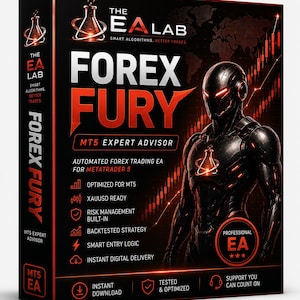 Può includere: Una scatola software rettangolare nera per Forex Fury MT5 Expert Advisor. Il fronte presenta una figura robotica con occhi e emblema sul petto rosso brillante, con testo come The EA Lab, Forex Fury e funzioni come XAUUSD ready e gestione rischi.